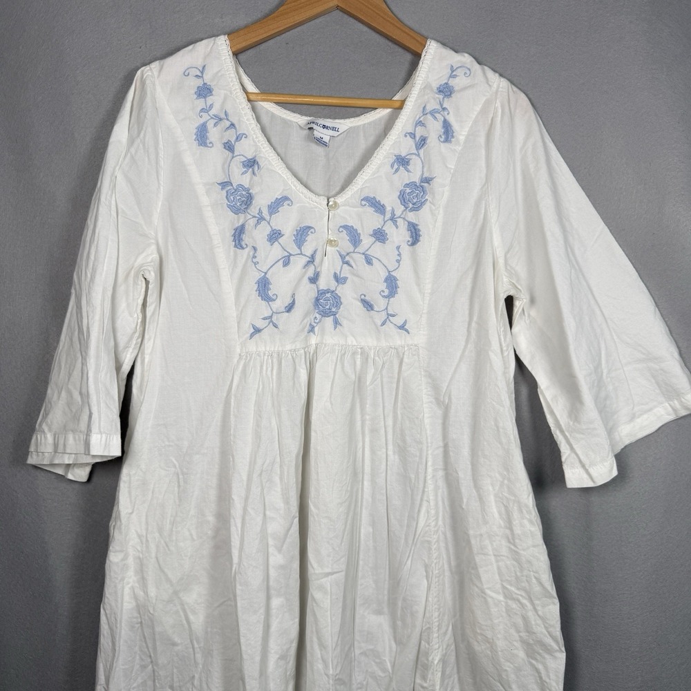 April Cornell Nightgown Cottagecore Romantic Nap Dress White Blue Embroidery